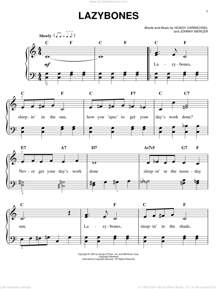 Lazybones sheet music for piano solo by Hoagy Carmichael and Johnny Mercer, easy skill level