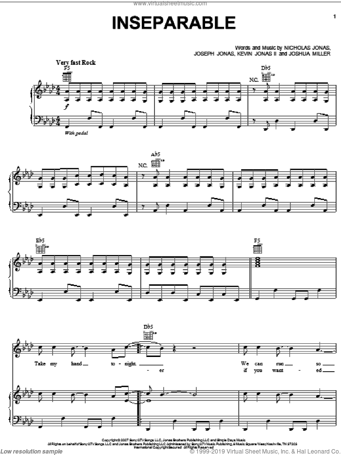 Inseparable sheet music for voice, piano or guitar by Jonas Brothers, Joseph Jonas, Joshua Miller, Kevin Jonas II and Nicholas Jonas, intermediate skill level