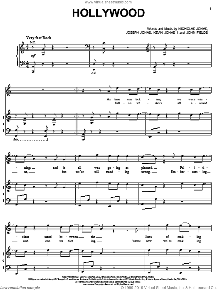 Hollywood sheet music for voice, piano or guitar by Jonas Brothers, John Fields, Joseph Jonas, Kevin Jonas II and Nicholas Jonas, intermediate skill level