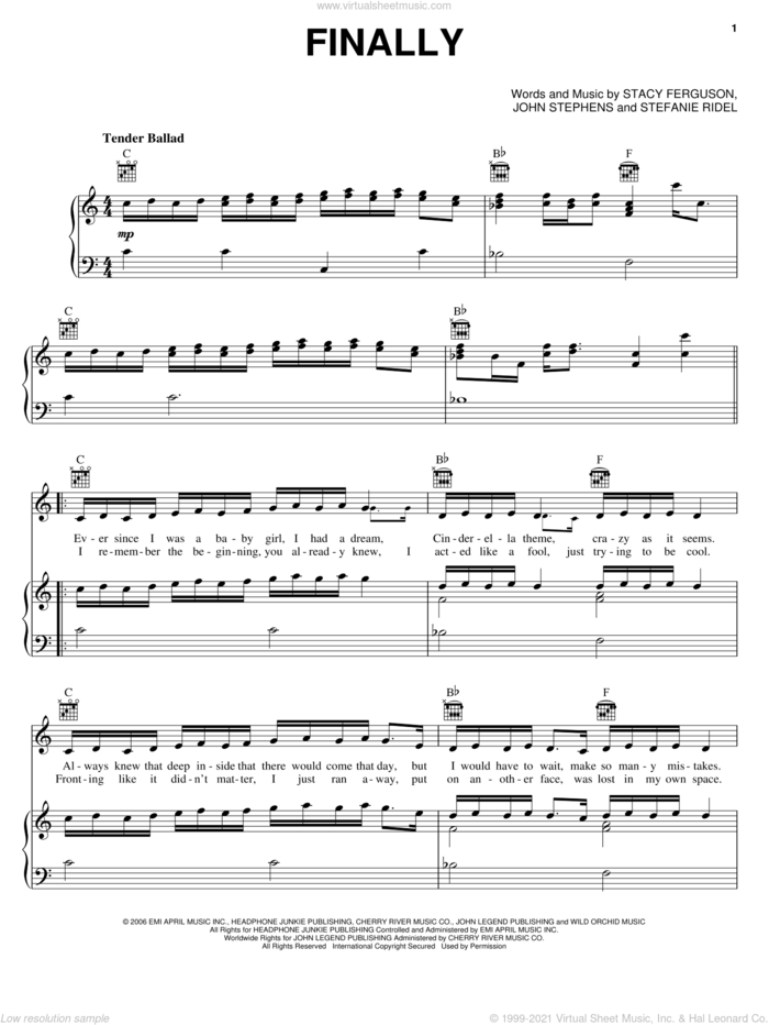 Finally sheet music for voice, piano or guitar by Fergie, John Stephens, Stacy Ferguson and Stefanie Ridel, intermediate skill level