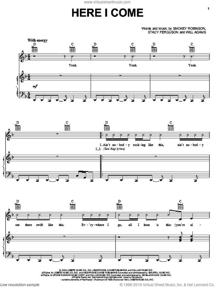 Here I Come sheet music for voice, piano or guitar by Fergie, Stacy Ferguson and Will Adams, intermediate skill level