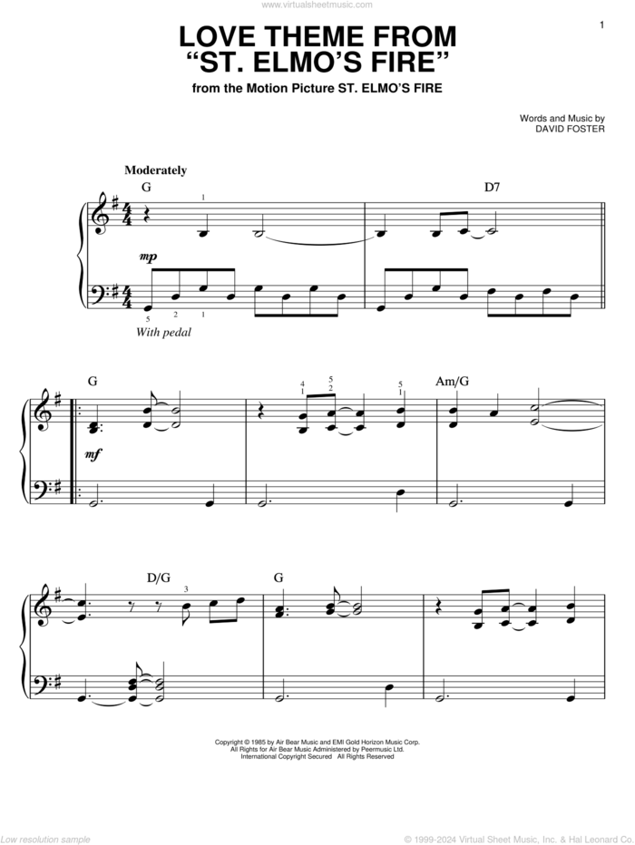 Love Theme From St. Elmo's Fire sheet music for piano solo by David Foster, easy skill level