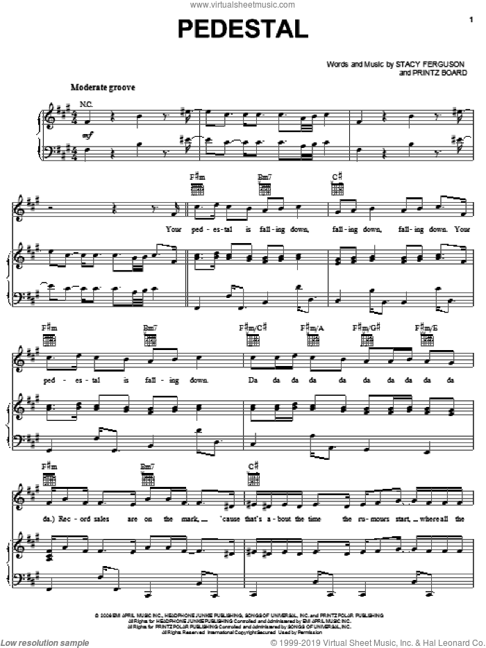Pedestal sheet music for voice, piano or guitar by Fergie, Printz Board and Stacy Ferguson, intermediate skill level