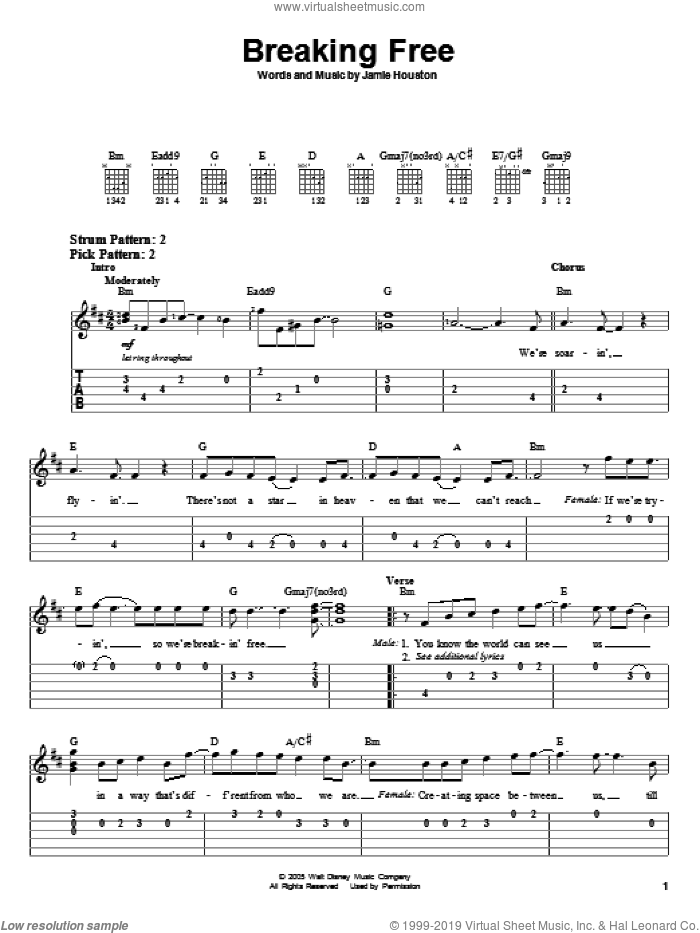 Breaking Free (from High School Musical) sheet music for guitar solo (easy tablature) by Jamie Houston, High School Musical and Zac Efron and Vanessa Anne Hudgens, easy guitar (easy tablature)