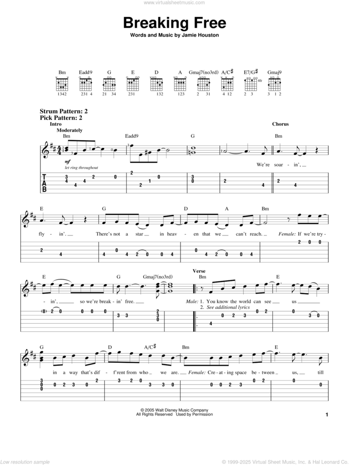 Breaking Free (from High School Musical) sheet music for guitar solo (easy tablature) by Jamie Houston, High School Musical and Zac Efron and Vanessa Anne Hudgens, easy guitar (easy tablature)
