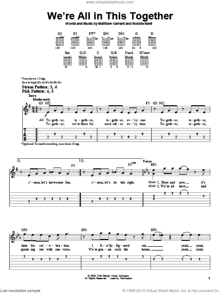 We're All In This Together (from High School Musical) sheet music for guitar solo (easy tablature) by High School Musical Cast, High School Musical, Matthew Gerrard and Robbie Nevil, easy guitar (easy tablature)