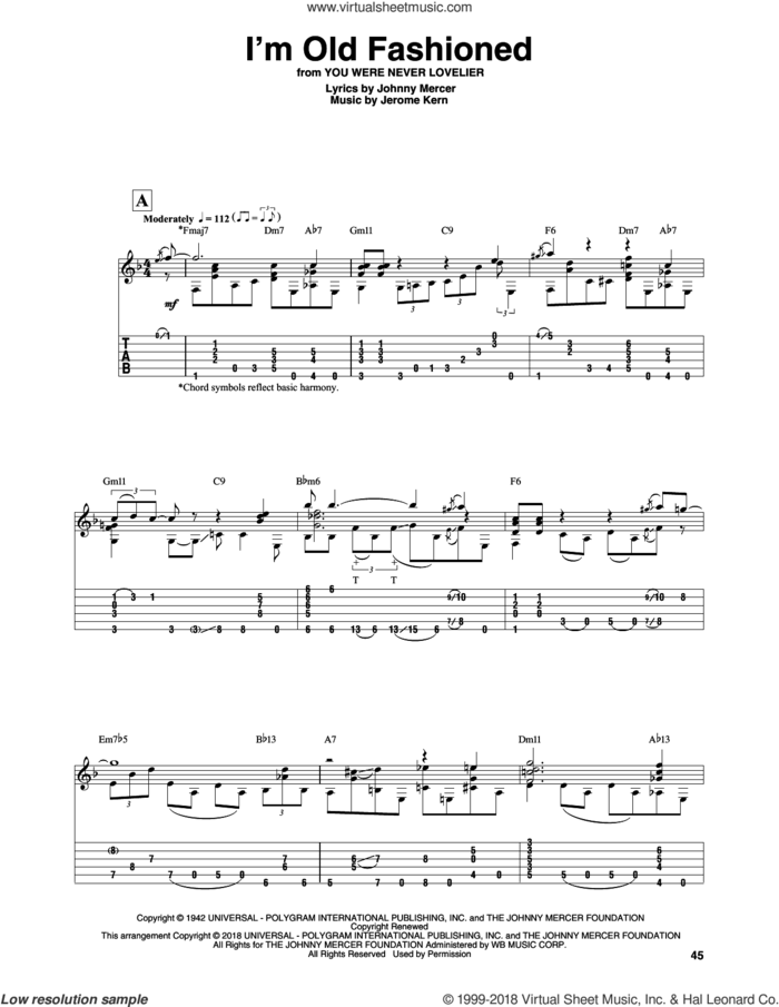I'm Old Fashioned sheet music for guitar solo by Johnny Mercer, Sean McGowan and Jerome Kern, intermediate skill level