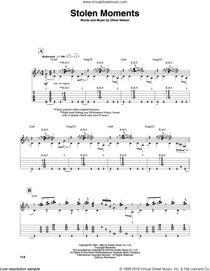 Stolen Moments sheet music for guitar solo by Oliver Nelson and Sean McGowan, intermediate skill level