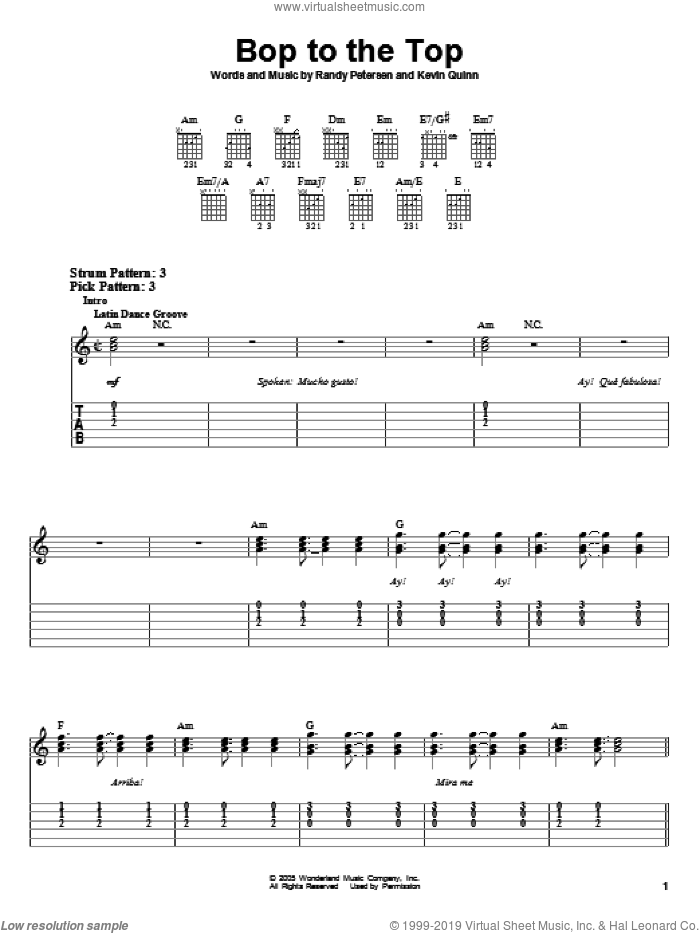 Bop To The Top (from High School Musical) sheet music for guitar solo (easy tablature) by Randy Petersen, Ashley Tisdale and Lucas Grabeel, High School Musical and Kevin Quinn, easy guitar (easy tablature)