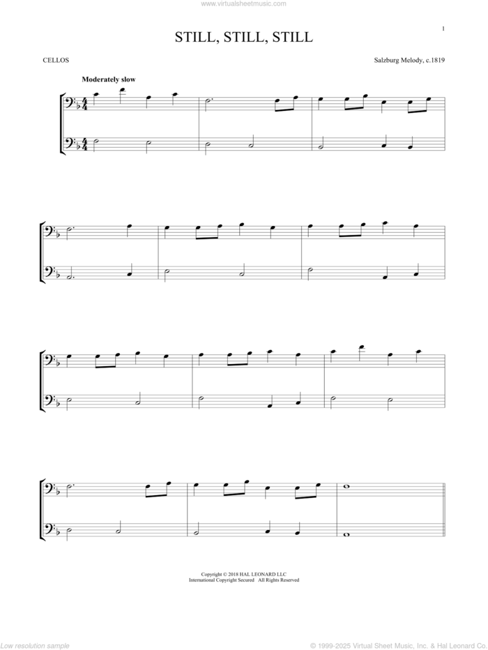 Still, Still, Still sheet music for two cellos (duet, duets) by Salzburg Melody c.1819, Mark Phillips and Miscellaneous, intermediate skill level