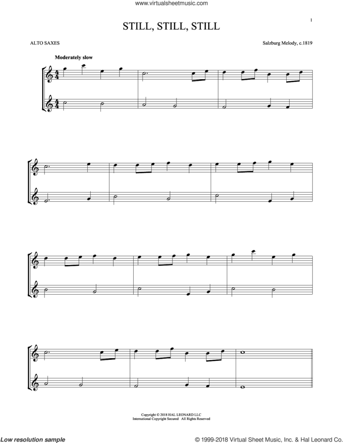 Still, Still, Still sheet music for two alto saxophones (duets) by Salzburg Melody c.1819, Mark Phillips and Miscellaneous, intermediate skill level
