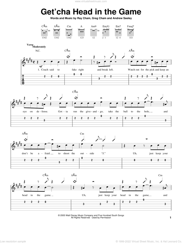 Get'cha Head In The Game (from High School Musical) sheet music for guitar solo (easy tablature) by Zac Efron, High School Musical, Andrew Seeley, Greg Cham and Ray Cham, easy guitar (easy tablature)