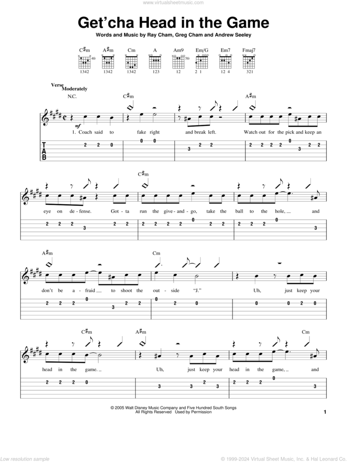 Get'cha Head In The Game (from High School Musical) sheet music for guitar solo (easy tablature) by Zac Efron, High School Musical, Andrew Seeley, Greg Cham and Ray Cham, easy guitar (easy tablature)