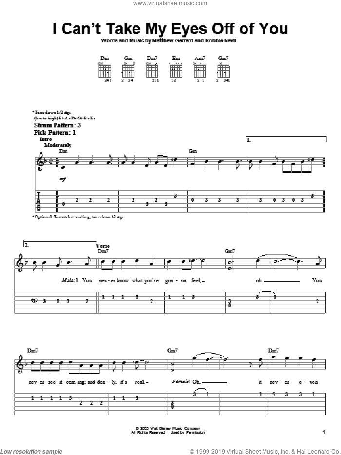 I Can't Take My Eyes Off Of You sheet music for guitar solo (easy tablature) by High School Musical, Matthew Gerrard and Robbie Nevil, easy guitar (easy tablature)