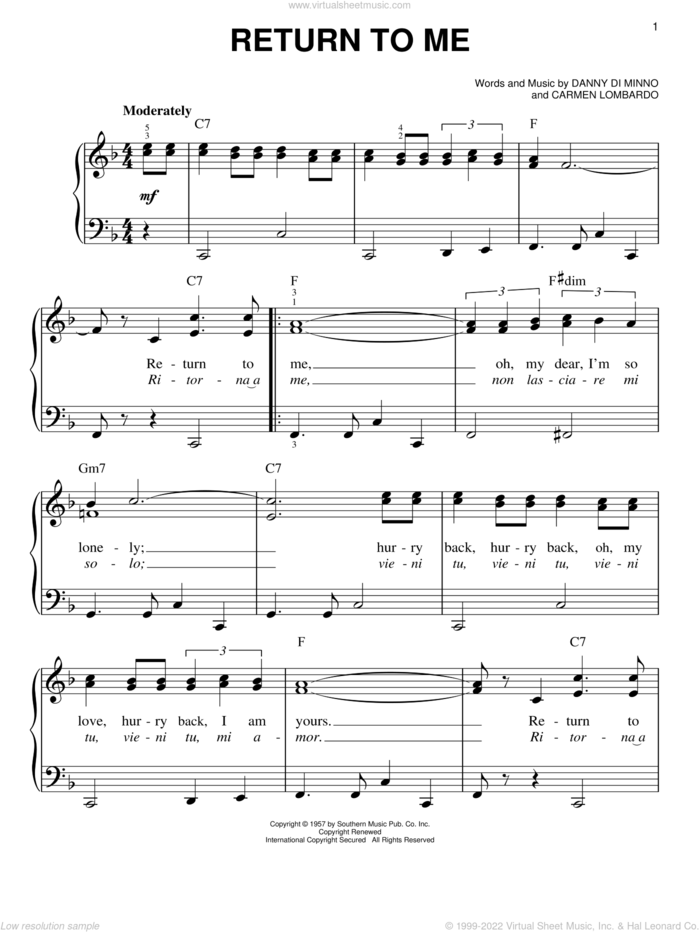 Return To Me, (easy) sheet music for piano solo by Dean Martin, Carmen Lombardo and Danny Di Minno, easy skill level