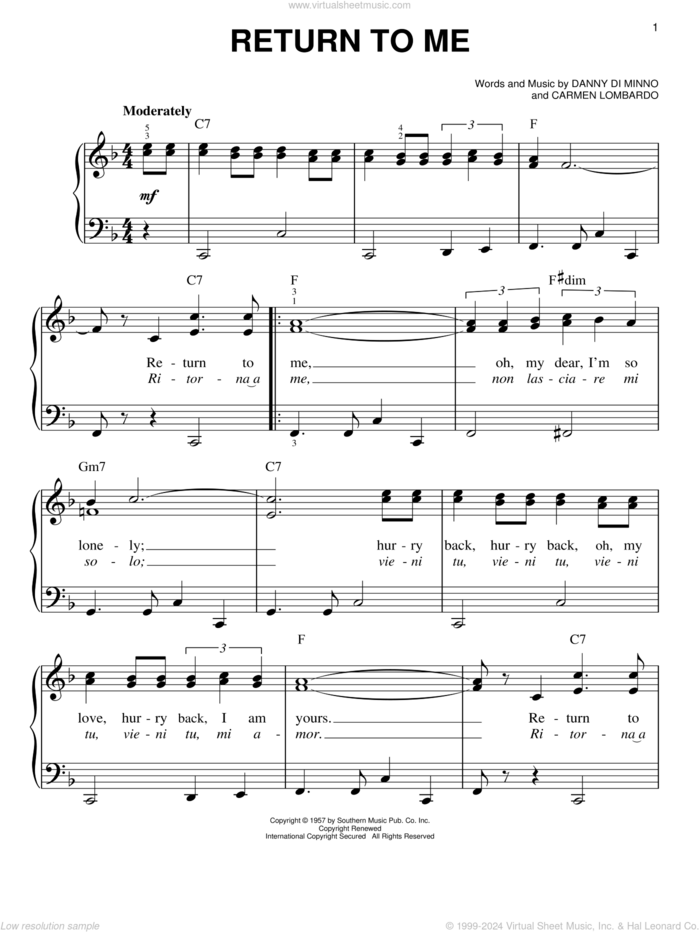 Return To Me, (easy) sheet music for piano solo by Dean Martin, Carmen Lombardo and Danny Di Minno, easy skill level