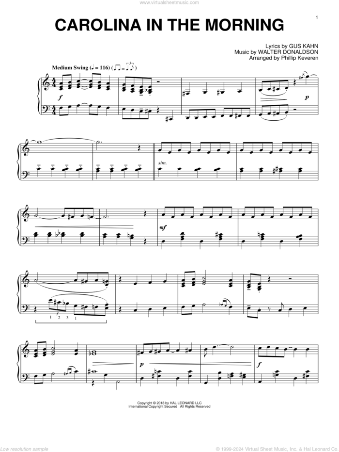 Carolina In The Morning [Jazz version] (arr. Phillip Keveren) sheet music for piano solo by Gus Kahn, Phillip Keveren and Walter Donaldson, intermediate skill level