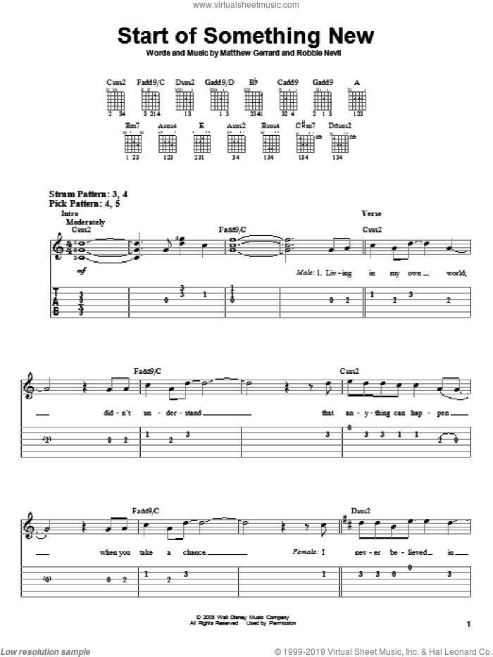 Start Of Something New sheet music for guitar solo (easy tablature) by High School Musical, Matthew Gerrard and Robbie Nevil, easy guitar (easy tablature)