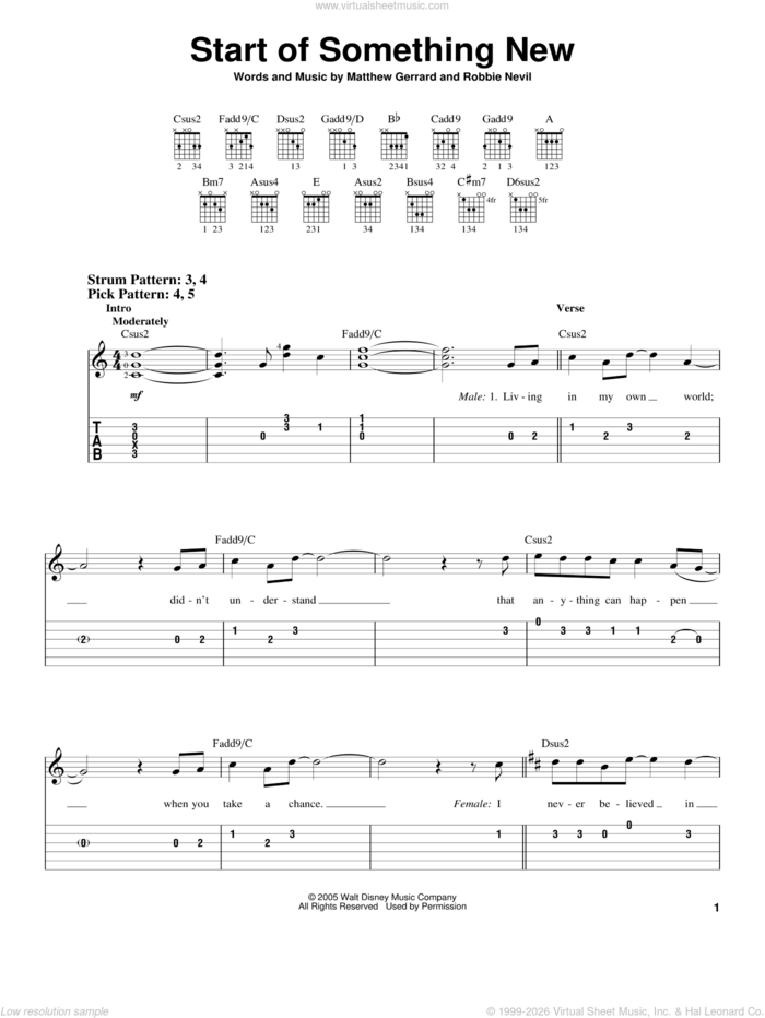 Start Of Something New (from High School Musical) sheet music for guitar solo (easy tablature) by Matthew Gerrard, High School Musical, Zac Efron and Vanessa Anne Hudgens and Robbie Nevil, easy guitar (easy tablature)
