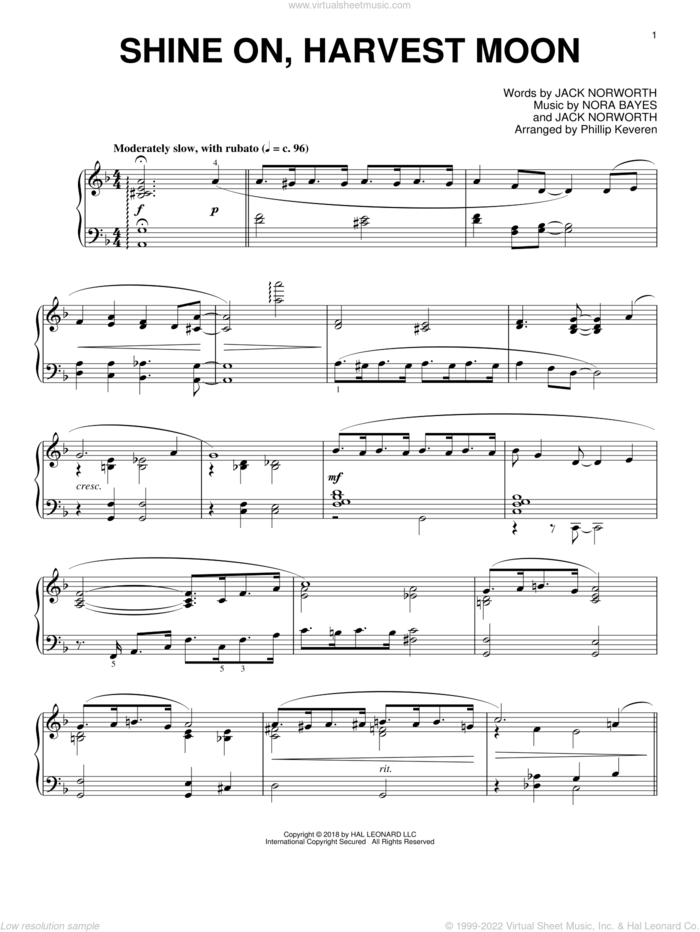 Shine On, Harvest Moon [Jazz version] (arr. Phillip Keveren) sheet music for piano solo by Jack Norworth, Phillip Keveren and Nora Bayes, intermediate skill level