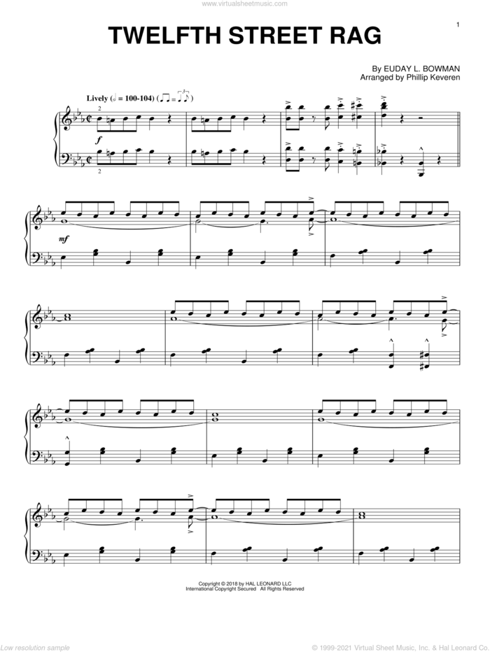 Twelfth Street Rag [Jazz version] (arr. Phillip Keveren) sheet music for piano solo by Euday L. Bowman and Phillip Keveren, intermediate skill level