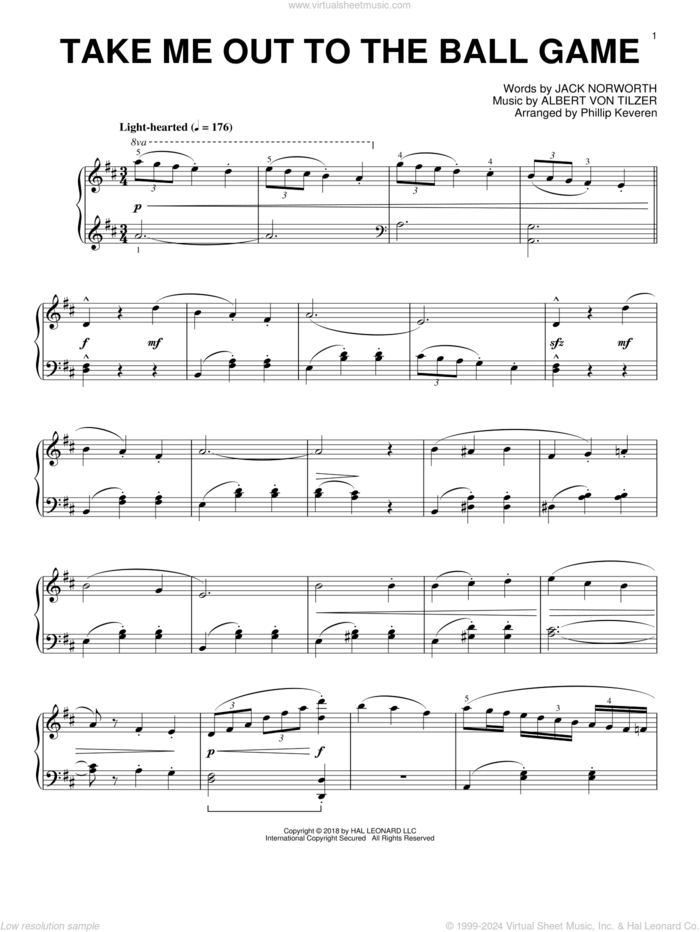 Take Me Out To The Ball Game [Jazz version] (arr. Phillip Keveren) sheet music for piano solo by Albert von Tilzer, Phillip Keveren and Jack Norworth, intermediate skill level