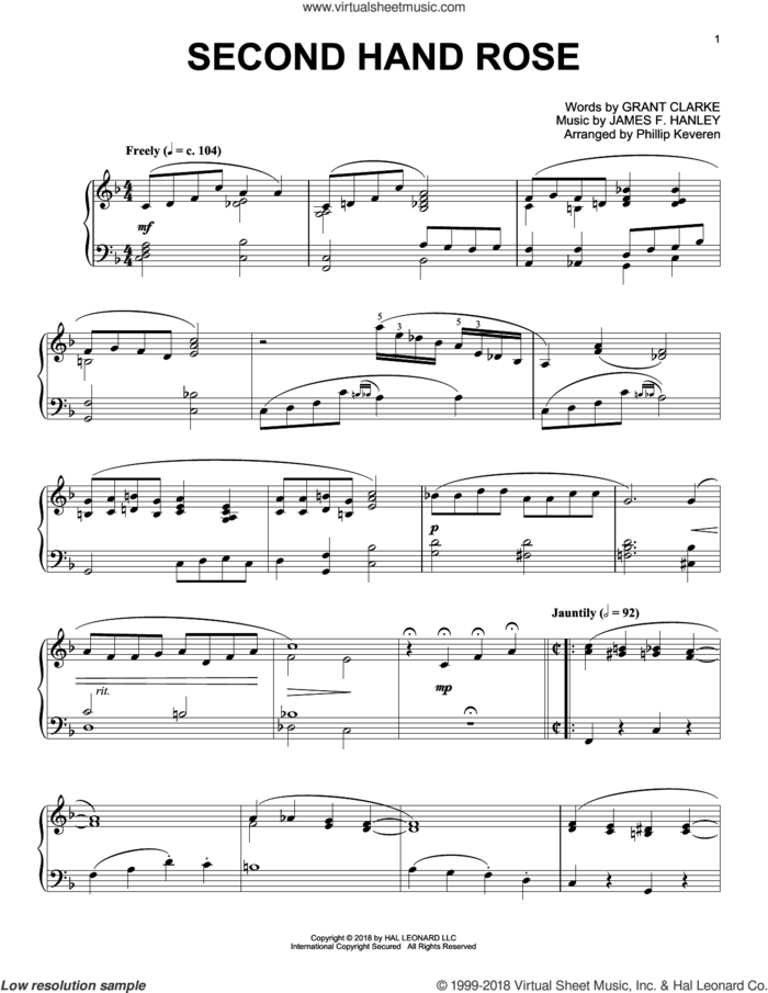 Second Hand Rose [Jazz version] (arr. Phillip Keveren) sheet music for piano solo by James Hanley, Phillip Keveren, Fannie Brice and Grant Clarke, intermediate skill level