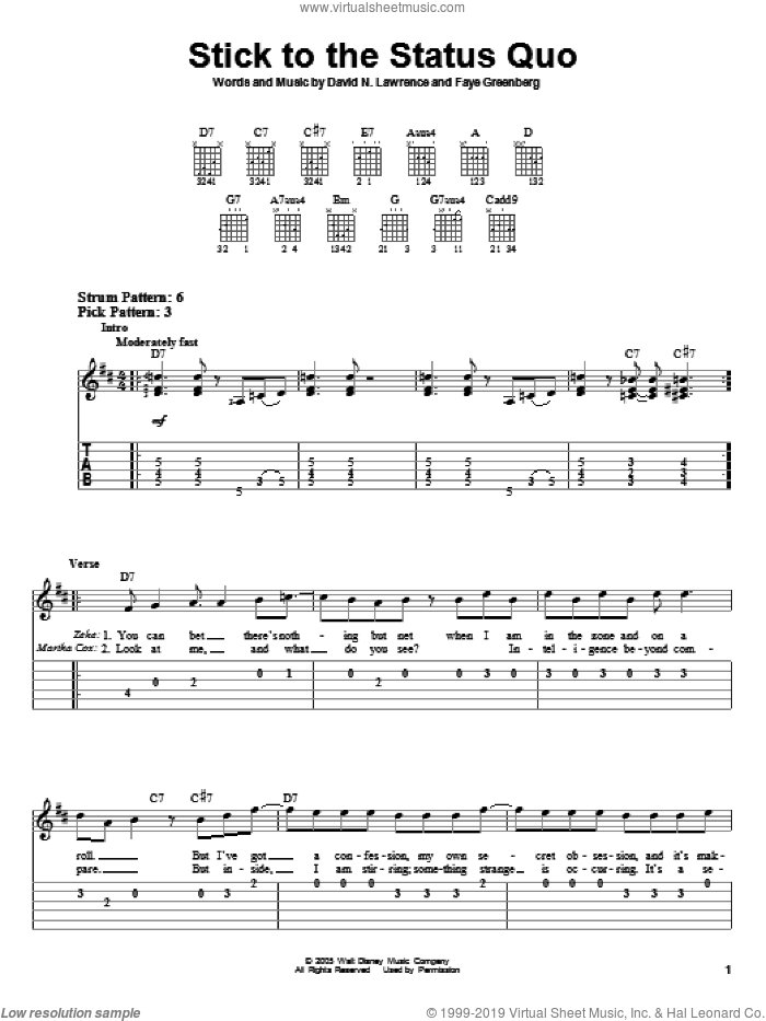 Stick To The Status Quo sheet music for guitar solo (easy tablature) by High School Musical, David N. Lawrence and Faye Greenberg, easy guitar (easy tablature)