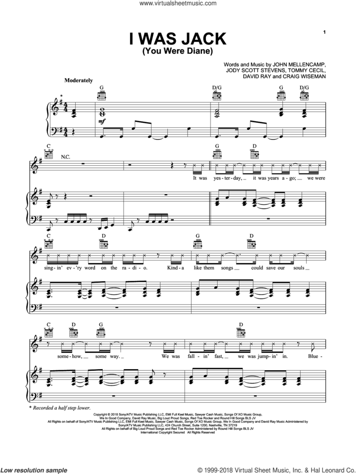 I Was Jack (You Were Diane) sheet music for voice, piano or guitar by Jake Owen, Craig Wiseman, David Ray, Jody Stevens, John Mellencamp and Tommy Cecil, intermediate skill level
