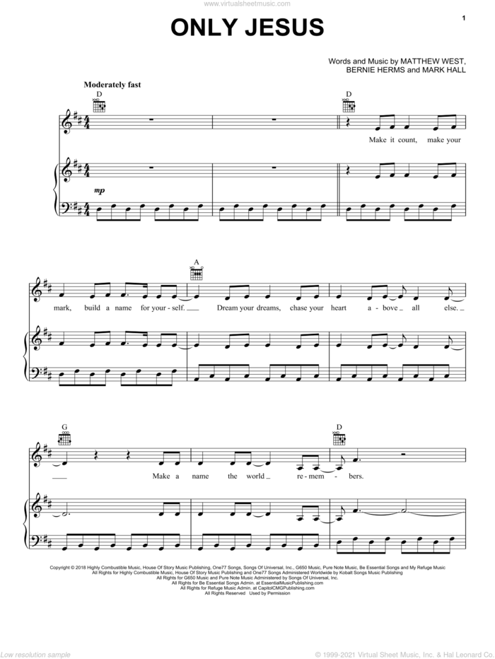Only Jesus sheet music for voice, piano or guitar by Casting Crowns, Bernie Herms, Mark Hall and Matthew West, intermediate skill level
