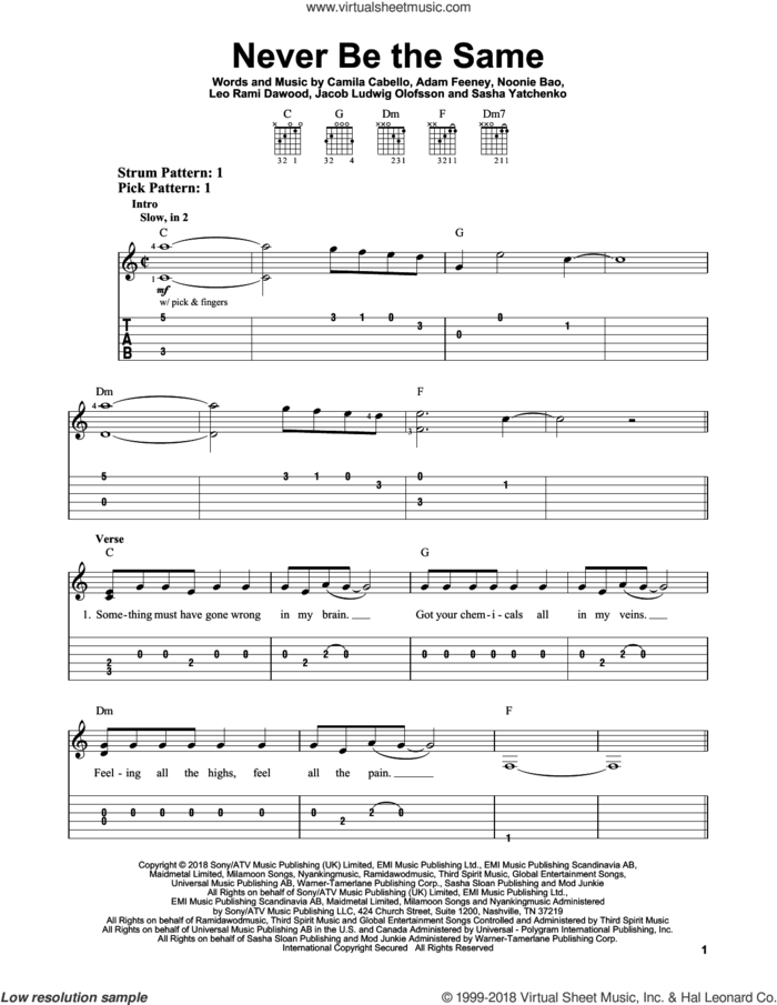 Never Be The Same sheet music for guitar solo (easy tablature) by Camila Cabello, Adam Feeney, Jacob Ludwig Olofsson, Leo Rami Dawood and Noonie Bao, easy guitar (easy tablature)