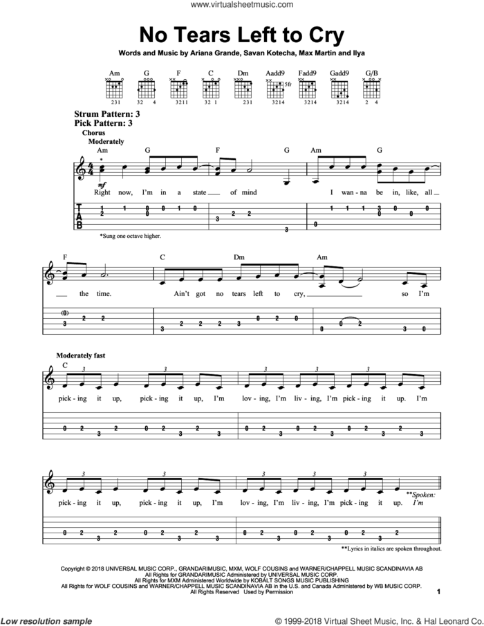 No Tears Left To Cry sheet music for guitar solo (easy tablature) by Ariana Grande, Ilya, Max Martin and Savan Kotecha, easy guitar (easy tablature)