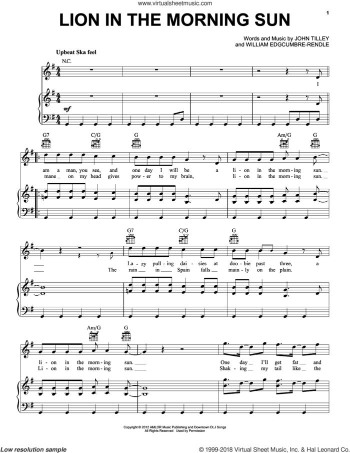 Lion In The Morning Sun sheet music for voice, piano or guitar by Will and the People, John Tilley and William Edgcumbre-Rendle, intermediate skill level