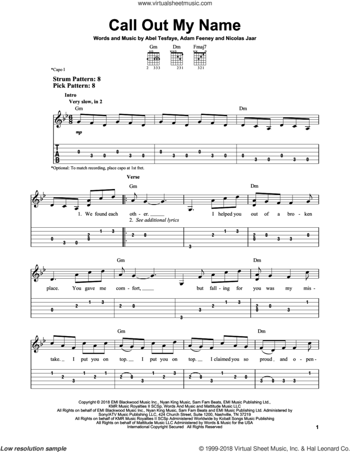 Call Out My Name sheet music for guitar solo (easy tablature) by The Weeknd, Abel Tesfaye, Adam Feeney and Nicolas Jaar, easy guitar (easy tablature)