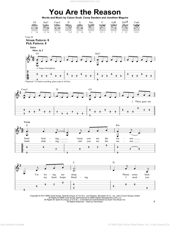 You Are The Reason sheet music for guitar solo (easy tablature) by Calum Scott, Corey Sanders and Jon Maguire, easy guitar (easy tablature)