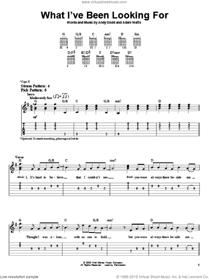 What I've Been Looking For sheet music for guitar solo (easy tablature) by High School Musical, Adam Watts and Andy Dodd, easy guitar (easy tablature)