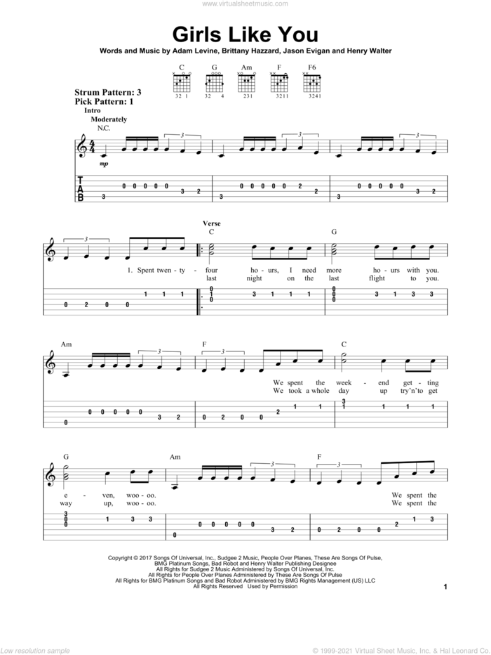 Girls Like You sheet music for guitar solo (easy tablature) by Maroon 5, Adam Levine, Brittany Hazzard, Henry Walter and Jason Evigan, easy guitar (easy tablature)