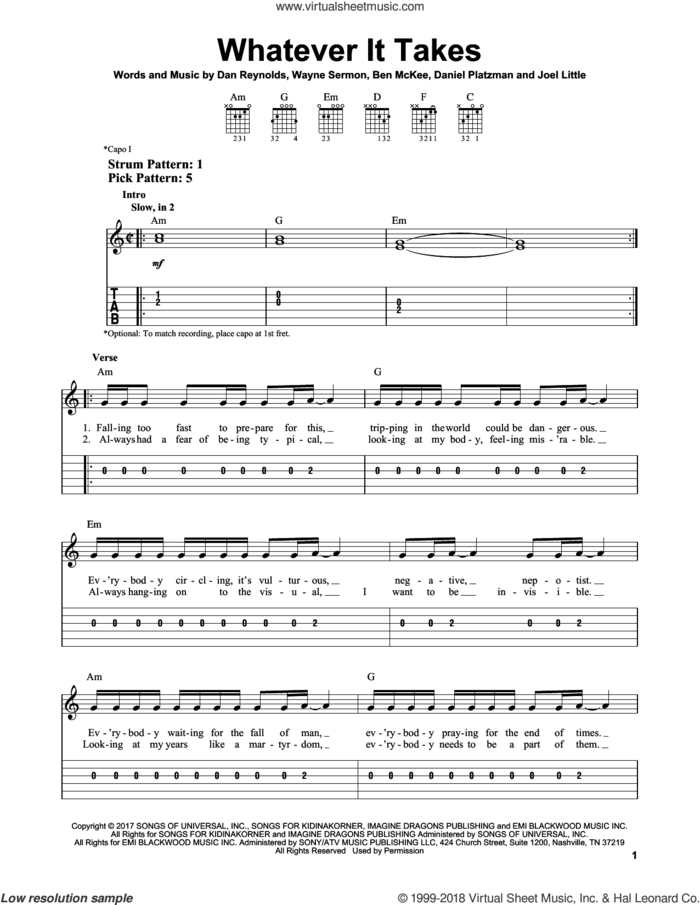 Whatever It Takes sheet music for guitar solo (easy tablature) by Imagine Dragons, Ben McKee, Dan Reynolds, Daniel Platzman, Joel Little and Wayne Sermon, easy guitar (easy tablature)