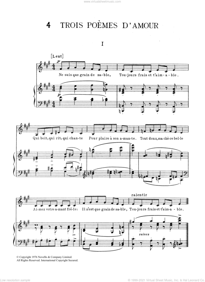 Trois Poemes d'Amour sheet music for piano solo by Erik Satie, classical score, intermediate skill level