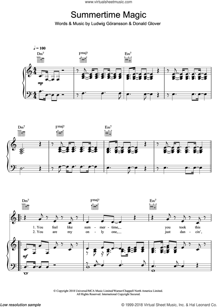 Summertime Magic sheet music for voice, piano or guitar by Childish Gambino, Donald Glover and Ludwig Goransson and Ludwig Goransson, intermediate skill level