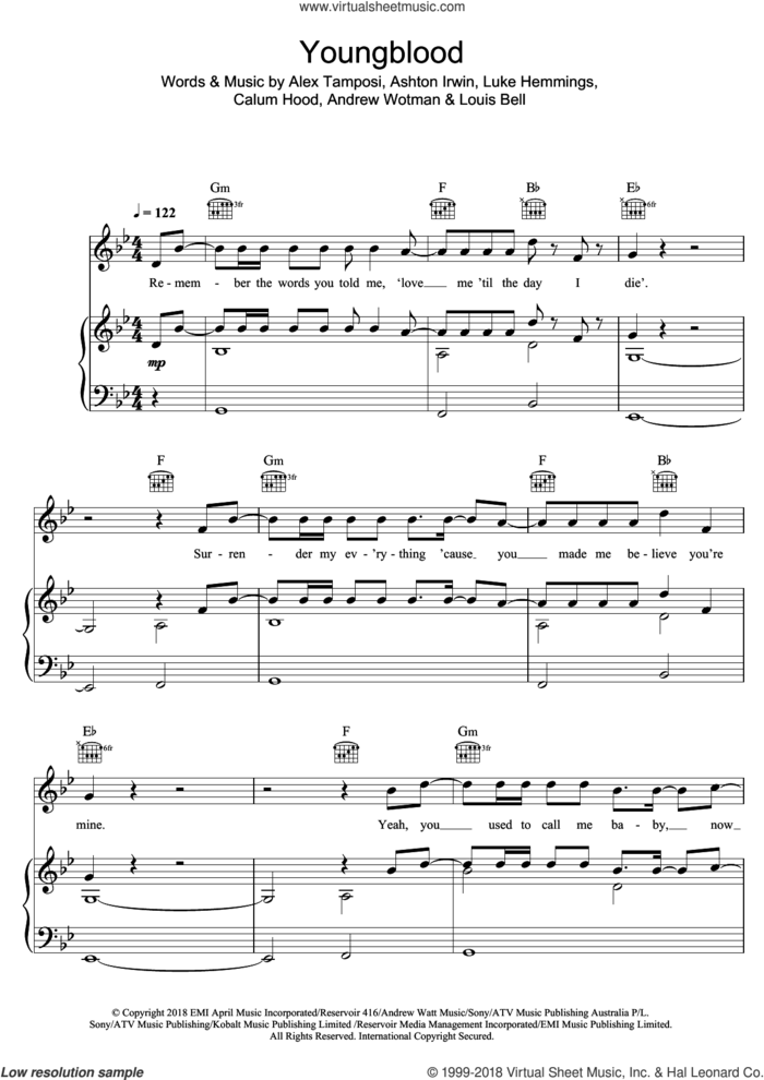 Youngblood sheet music for voice, piano or guitar by 5 Seconds of Summer, Alex Tamposi, Andrew Wotman, Ashton Irwin, Calum Hood, Louis Bell and Luke Hemmings, intermediate skill level