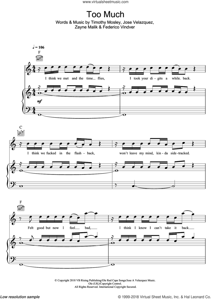 Too Much (featuring Timbaland) sheet music for voice, piano or guitar by Zayn, Timbaland, Federico Vindver, Jose Velazquez, Tim Mosley and Zayne Malik, intermediate skill level