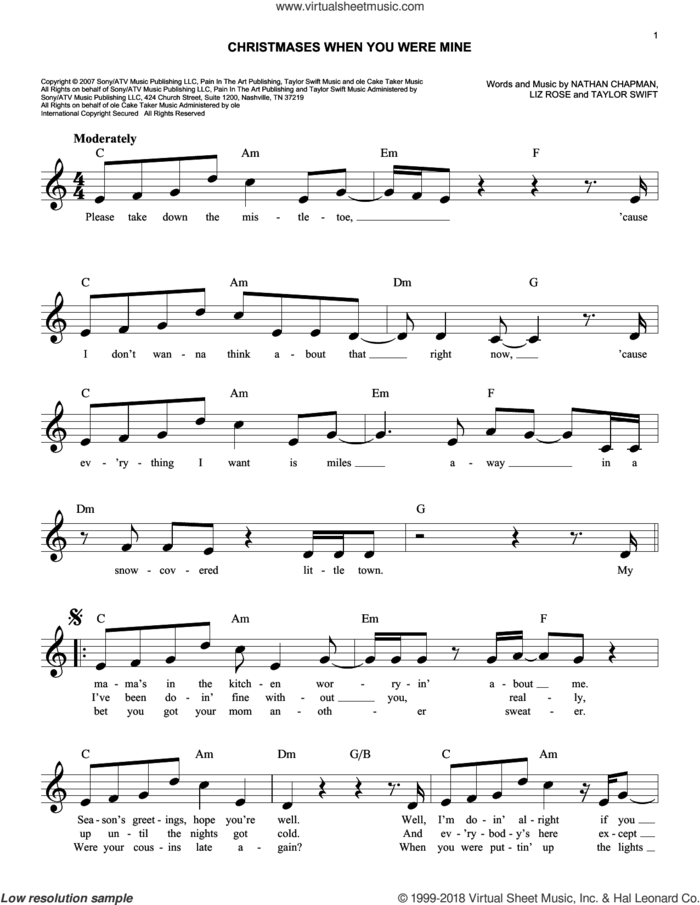 Christmases When You Were Mine sheet music for voice and other instruments (fake book) by Taylor Swift, Liz Rose and Nathan Chapman, easy skill level