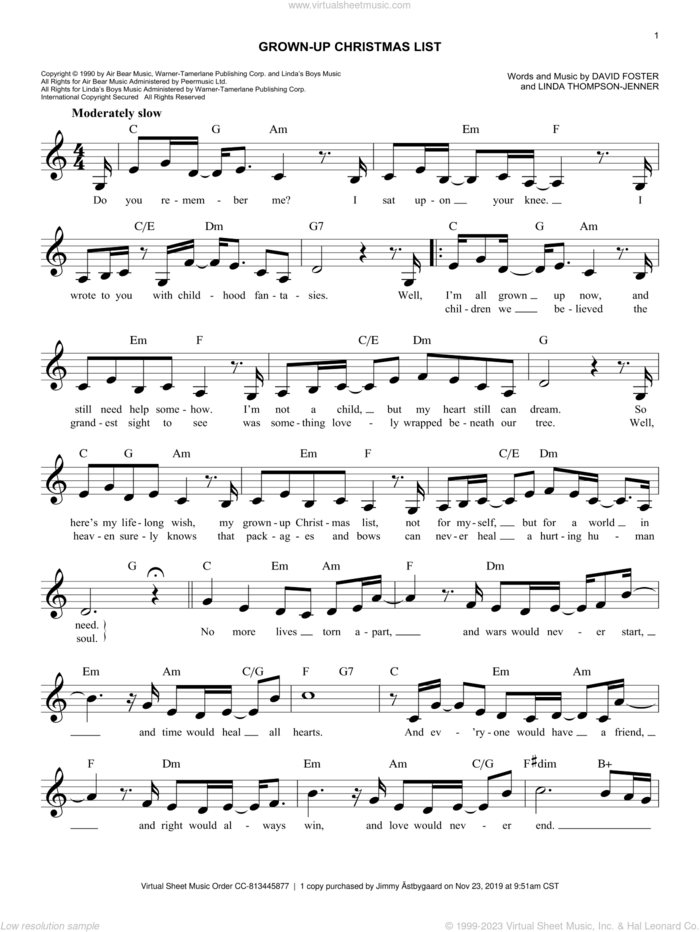 Grown-Up Christmas List sheet music for voice and other instruments (fake book) by Amy Grant, David Foster and Linda Thompson-Jenner, easy skill level