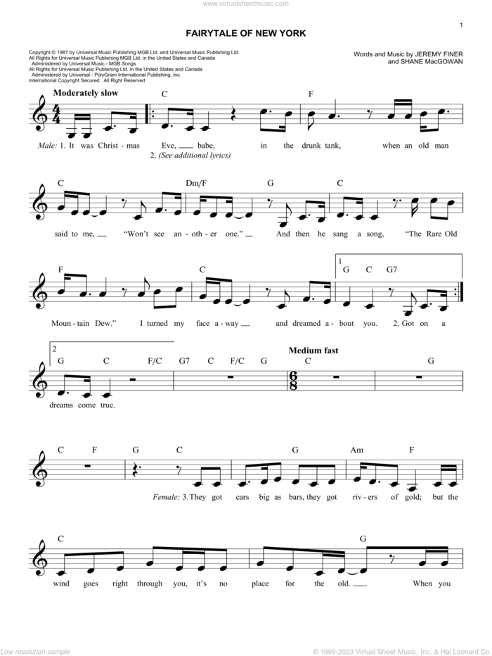 Fairytale Of New York sheet music for voice and other instruments (fake book) by The Pogues & Kirsty MacColl, Kirsty MacColl, The Pogues, The Pogues featuring Kirsty MacColl, Jeremy Finer and Shane MacGowan, easy skill level