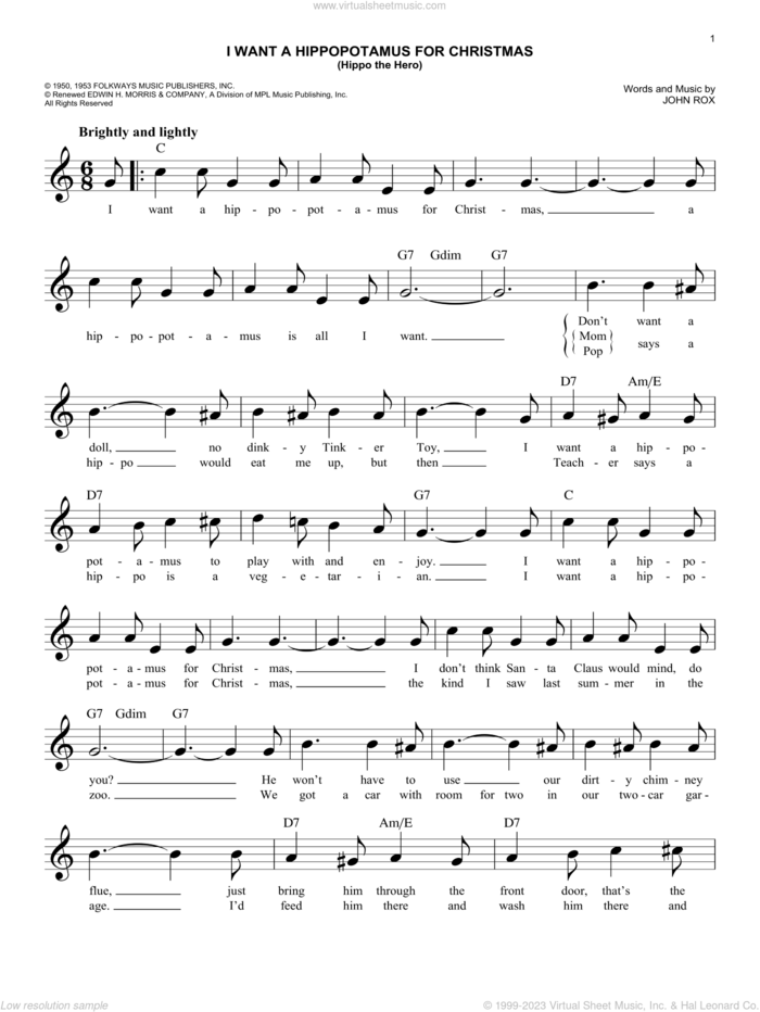 I Want A Hippopotamus For Christmas (Hippo The Hero) sheet music for voice and other instruments (fake book) by John Rox, easy skill level