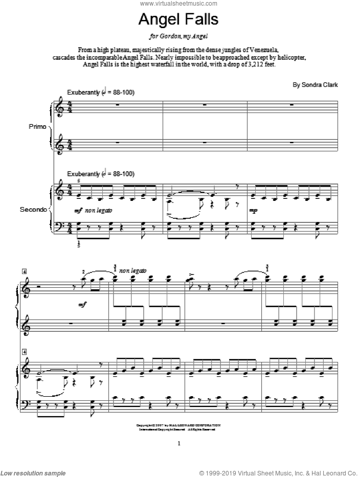 Angel Falls sheet music for piano four hands by Sondra Clark and Miscellaneous, intermediate skill level