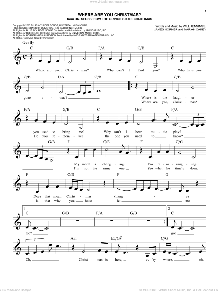 Where Are You Christmas? (from How The Grinch Stole Christmas) sheet music for voice and other instruments (fake book) by Faith Hill, James Horner, Mariah Carey and Will Jennings, easy skill level