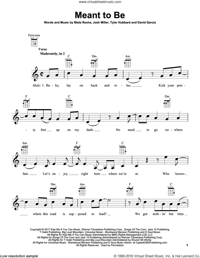 Meant To Be (feat. Florida Georgia Line) sheet music for ukulele by Bebe Rexha, Bebe Rexha feat. Florida Georgia Line, Bleta Rexha, David Garcia, Josh Miller and Tyler Hubbard, intermediate skill level