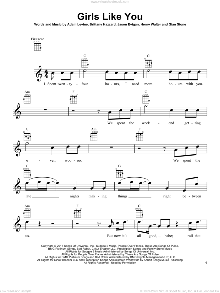 Girls Like You sheet music for ukulele by Maroon 5, Adam Levine, Brittany Hazzard, Henry Walter and Jason Evigan, intermediate skill level